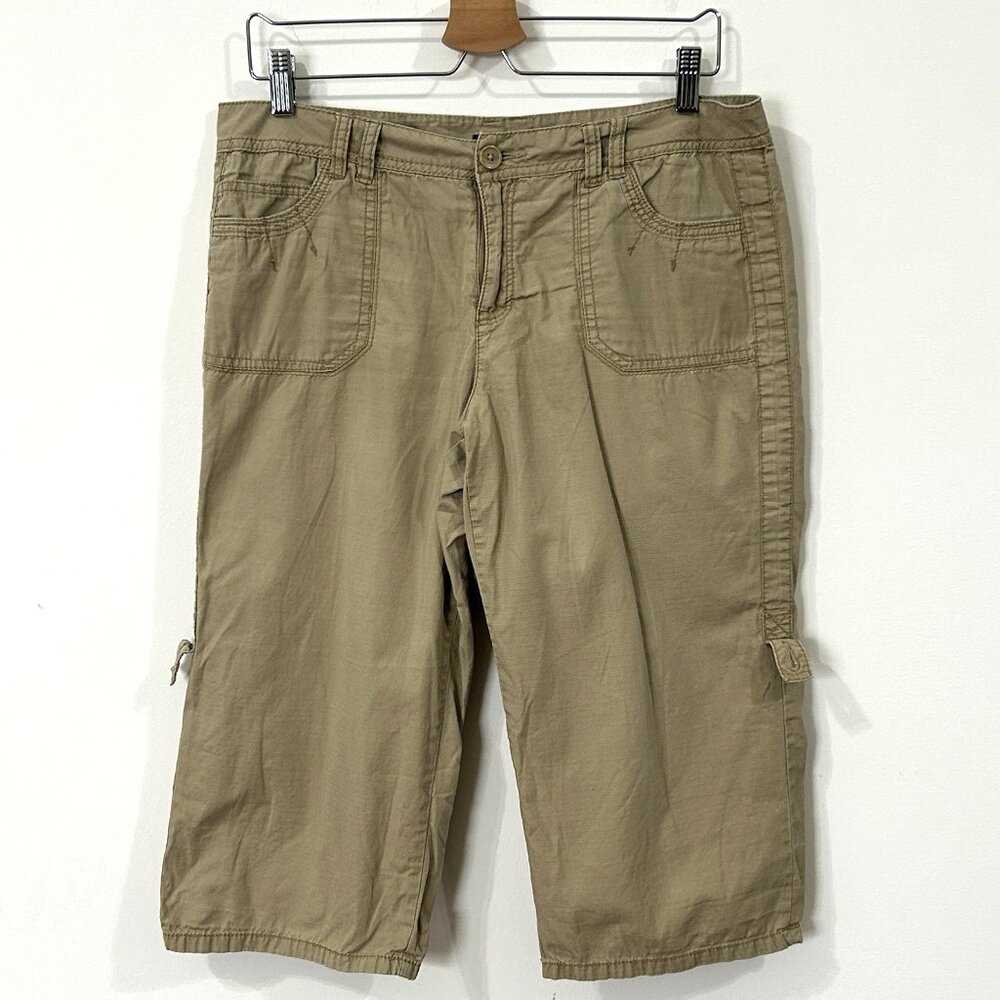 FRENCH CUFF Capris 8 Tan Cotton Adjustable Belt Loops 5 Pocket Stitch Detail